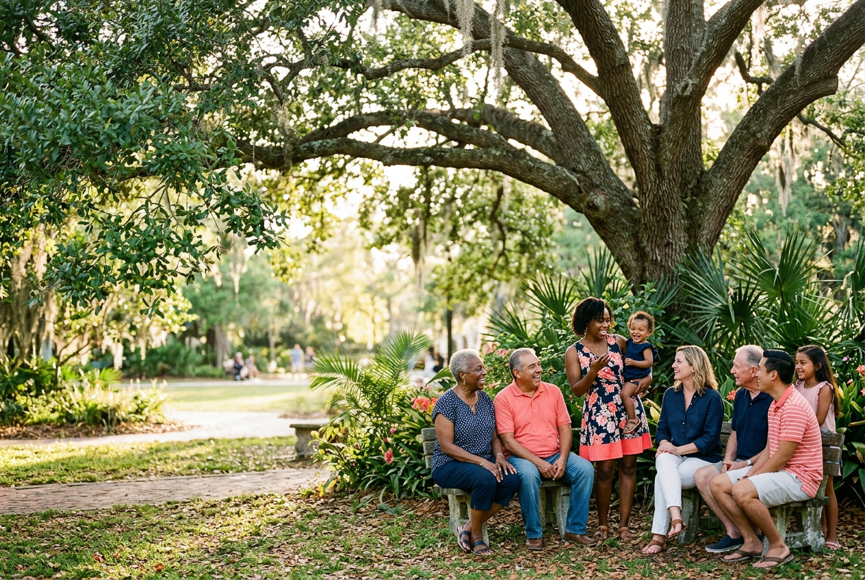 Neighbors gathered together outside in their community